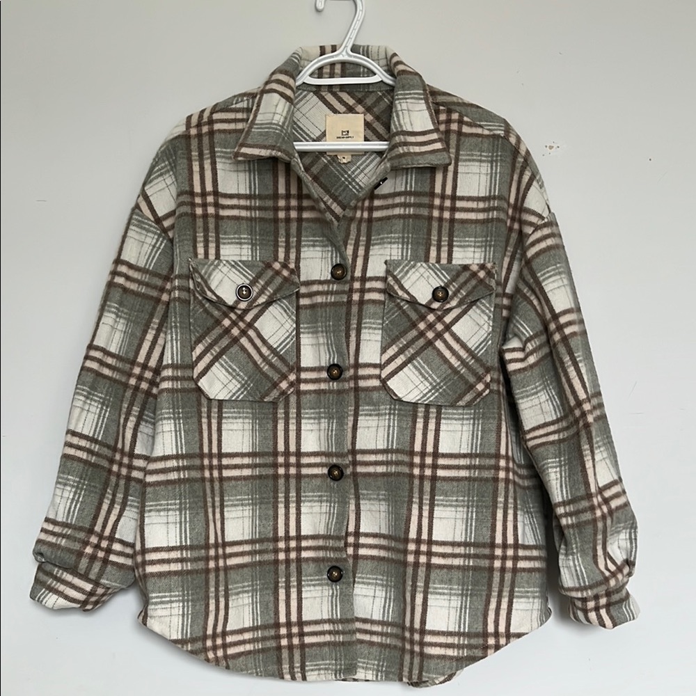 Plaid Button-Front Shacket in Green & Brown